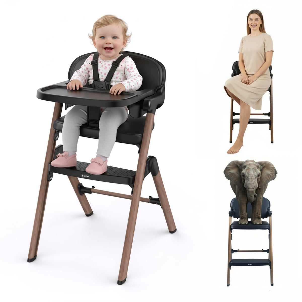 Babilous High Chair foldable frame for compact storage after meals.