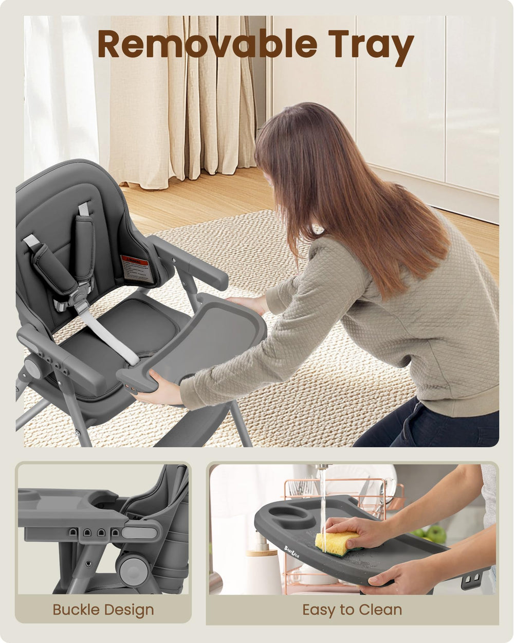 Babilous high chair folded storage highlights space-saving design for small spaces.