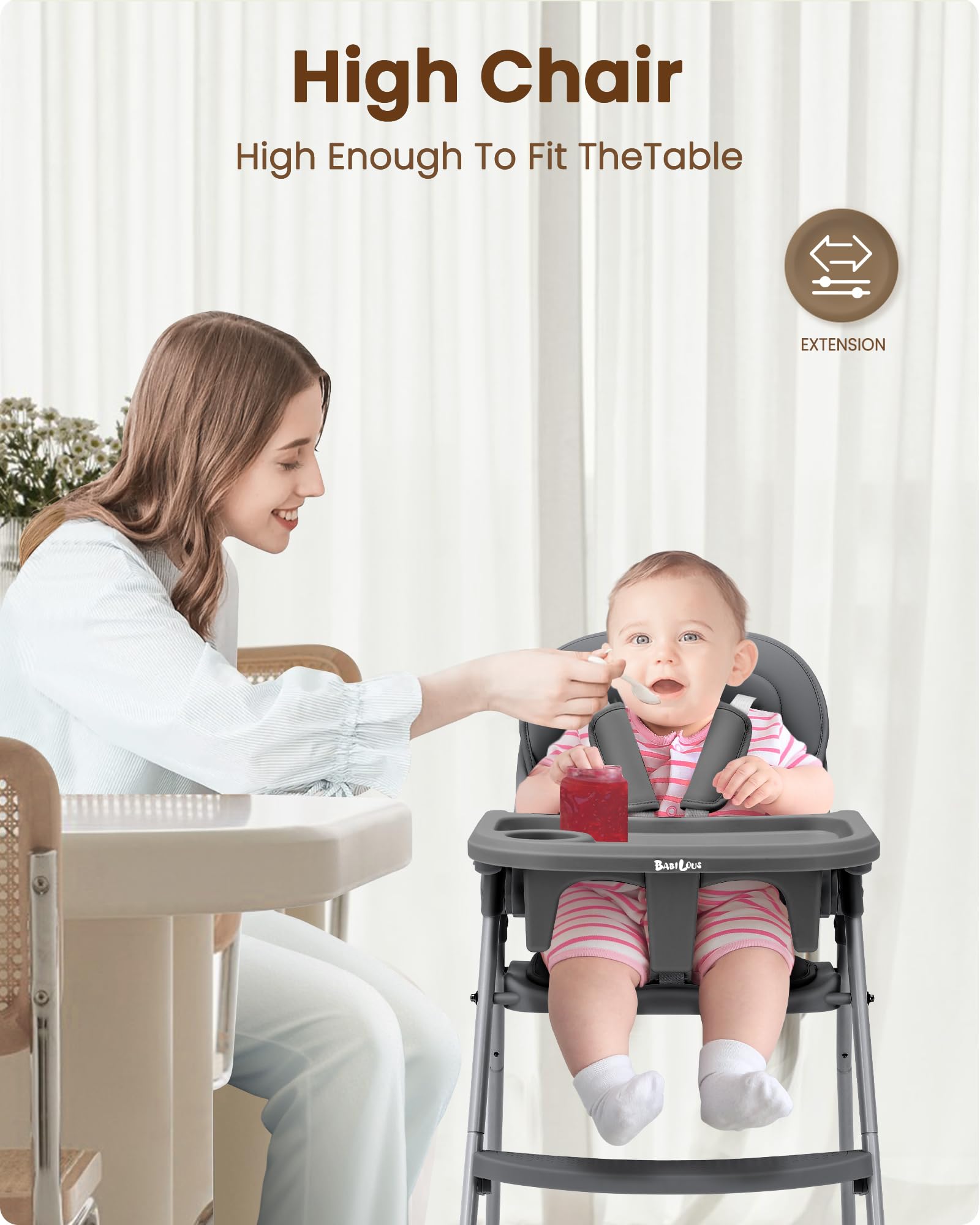 Babilous high chair tray adjustment shows three positions for growing kids.