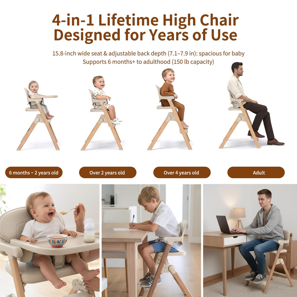 Babilous high chair wood-grain detail adds warm aesthetics to meals.