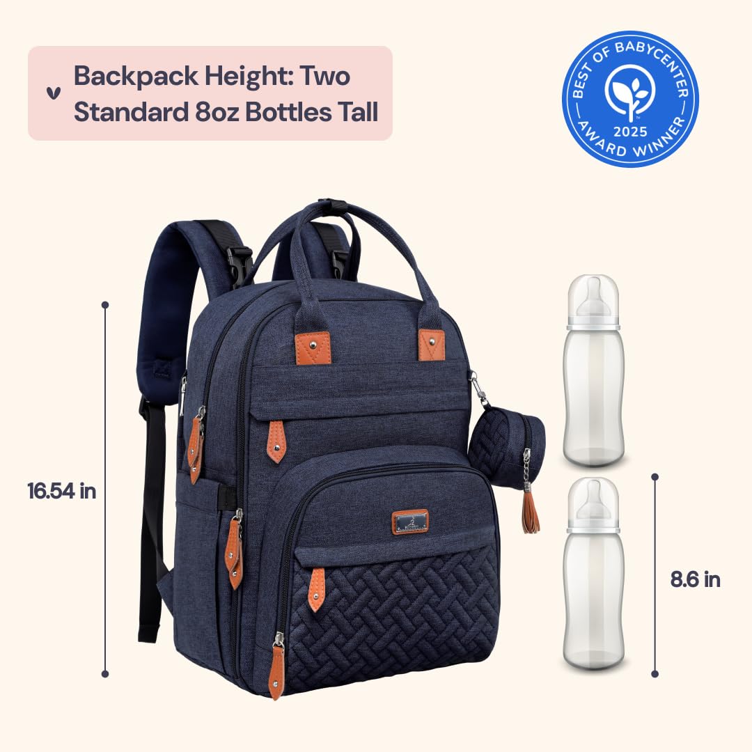 BabbleRoo navy backpack back panel highlights comfortable fit for long days with baby