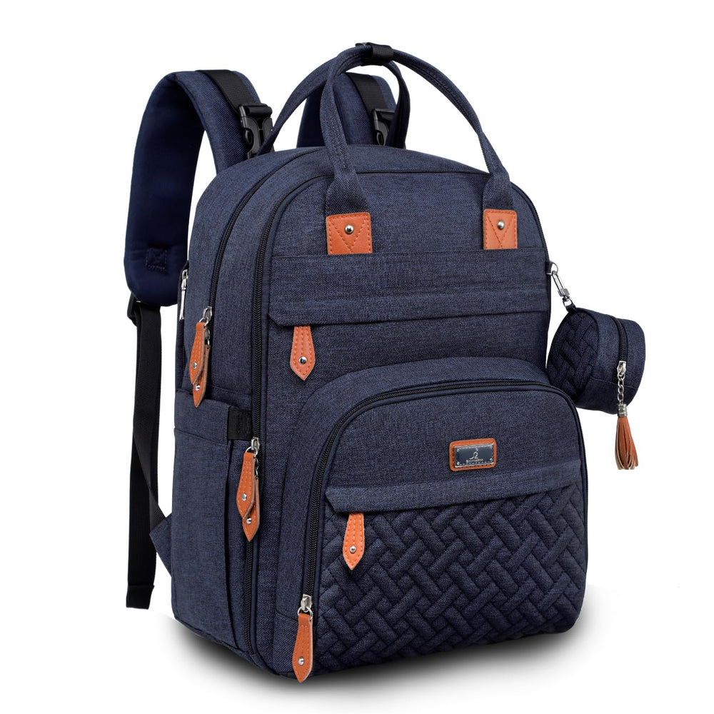 BabbleRoo diaper bag backpack navy front view shows spacious pockets for on-the-go storage