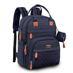 BabbleRoo diaper bag backpack navy front view shows spacious pockets for on-the-go storage