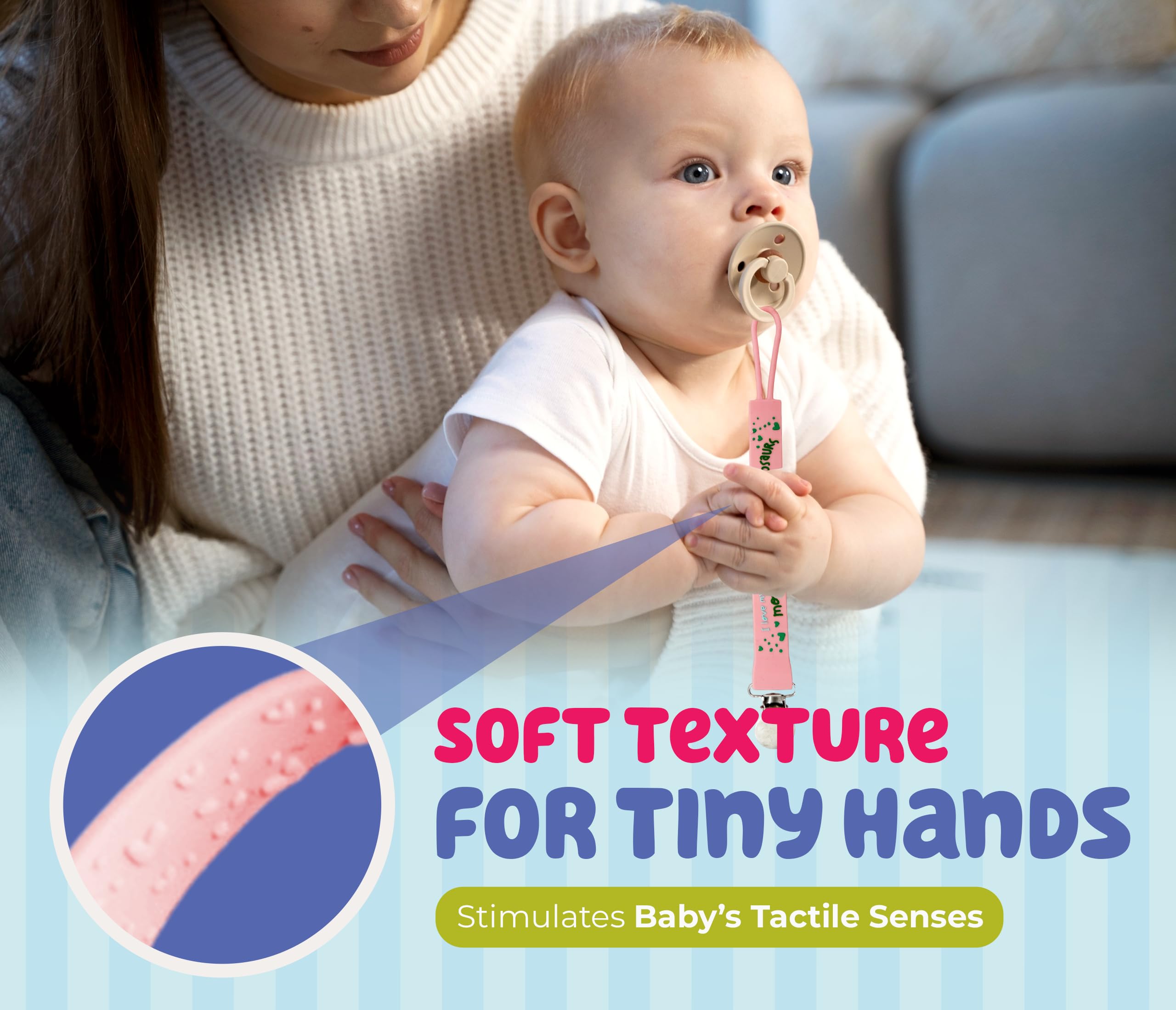 BABY AMY clip attached to clothing for quick pacifier access