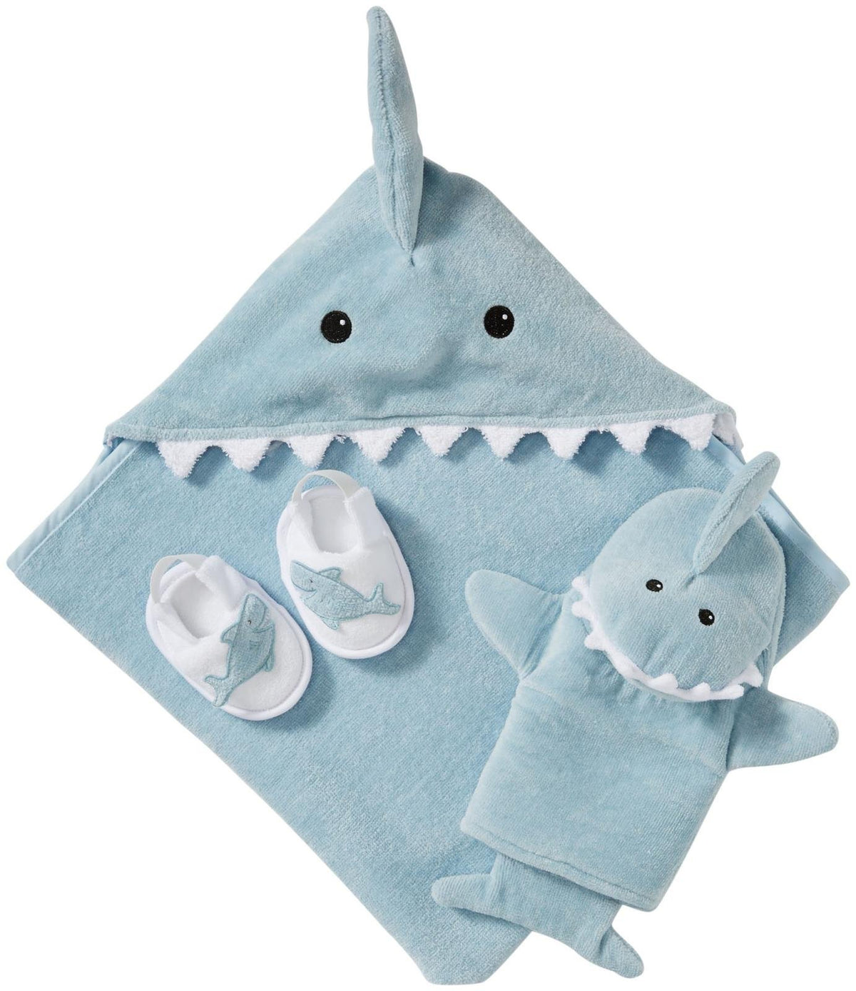 Baby Aspen Baby Shark hooded towel with 3-D fins dries baby after bath