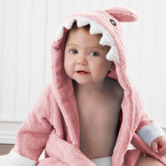 Close-up texture of Baby Aspen pink Baby Shark hooded towel showing plush terry