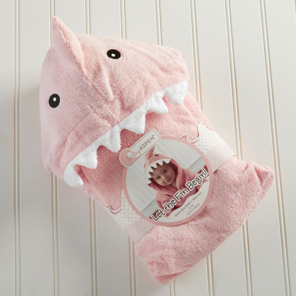 Hood detail of Baby Aspen pink Baby Shark hooded towel for warmth