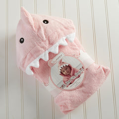 Hood detail of Baby Aspen pink Baby Shark hooded towel for warmth