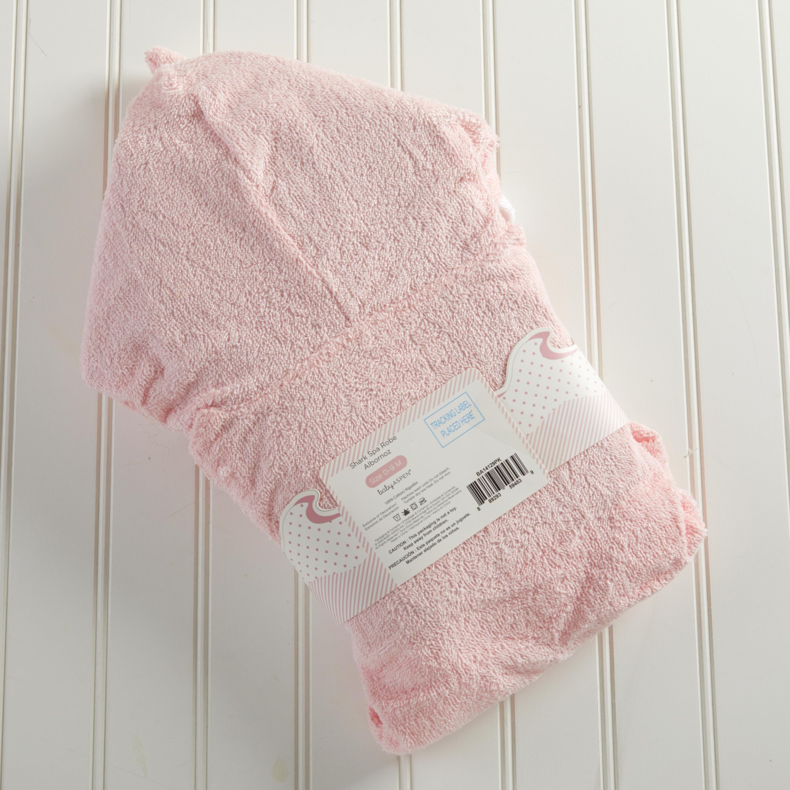 Post-bath scene with Baby Aspen pink Baby Shark towel for baby
