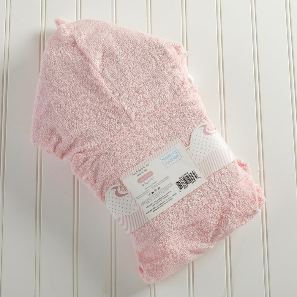 Post-bath scene with Baby Aspen pink Baby Shark towel for baby