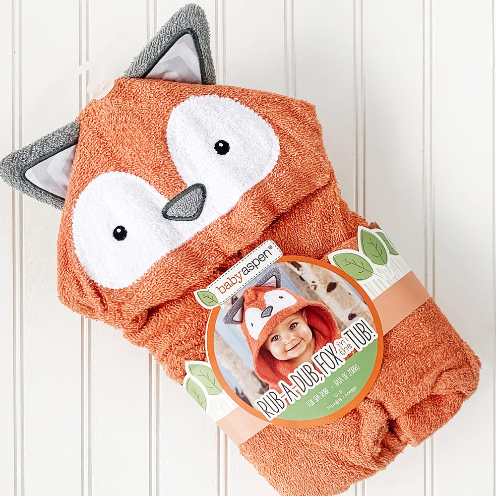 Baby Aspen Rub-a-dub Fox towel with chevron cuff details for playful style.