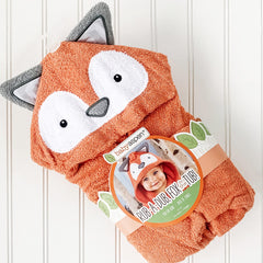 Baby Aspen Rub-a-dub Fox towel with chevron cuff details for playful style.