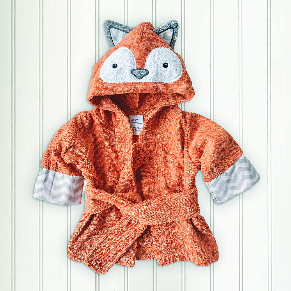 Baby Aspen Rub-a-dub Fox towel with fox-face embroidery for a friendly look.