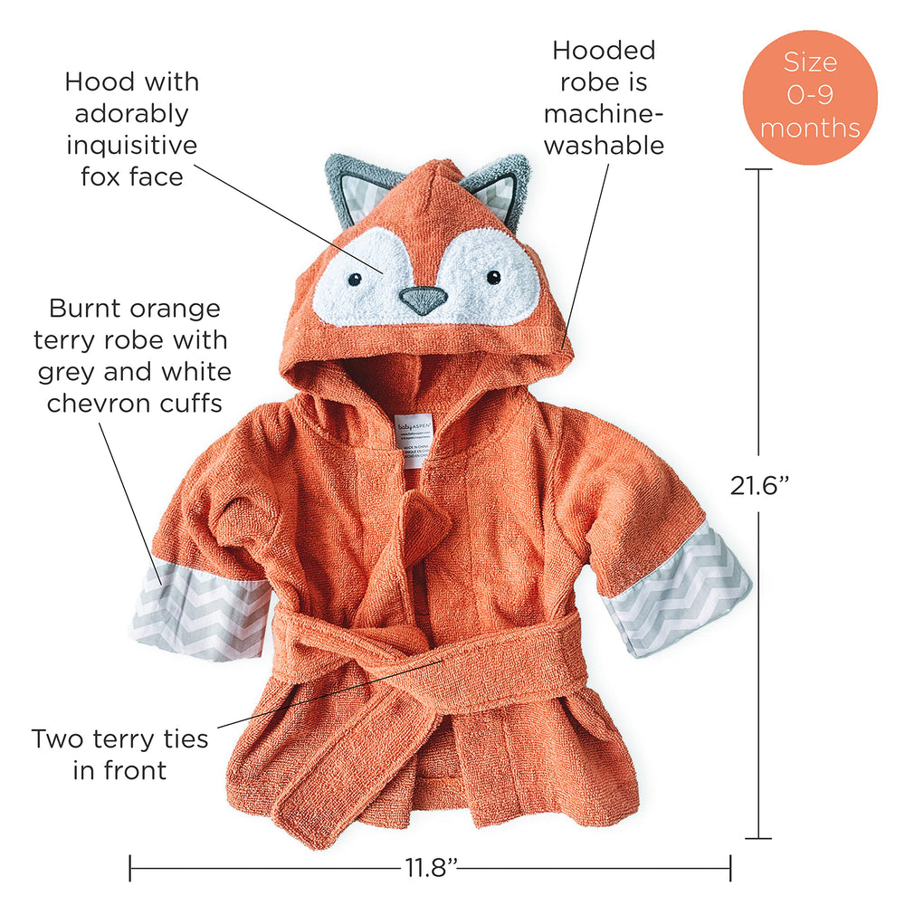 Baby Aspen Rub-a-dub Fox gift-ready towel and robe for baby showers.