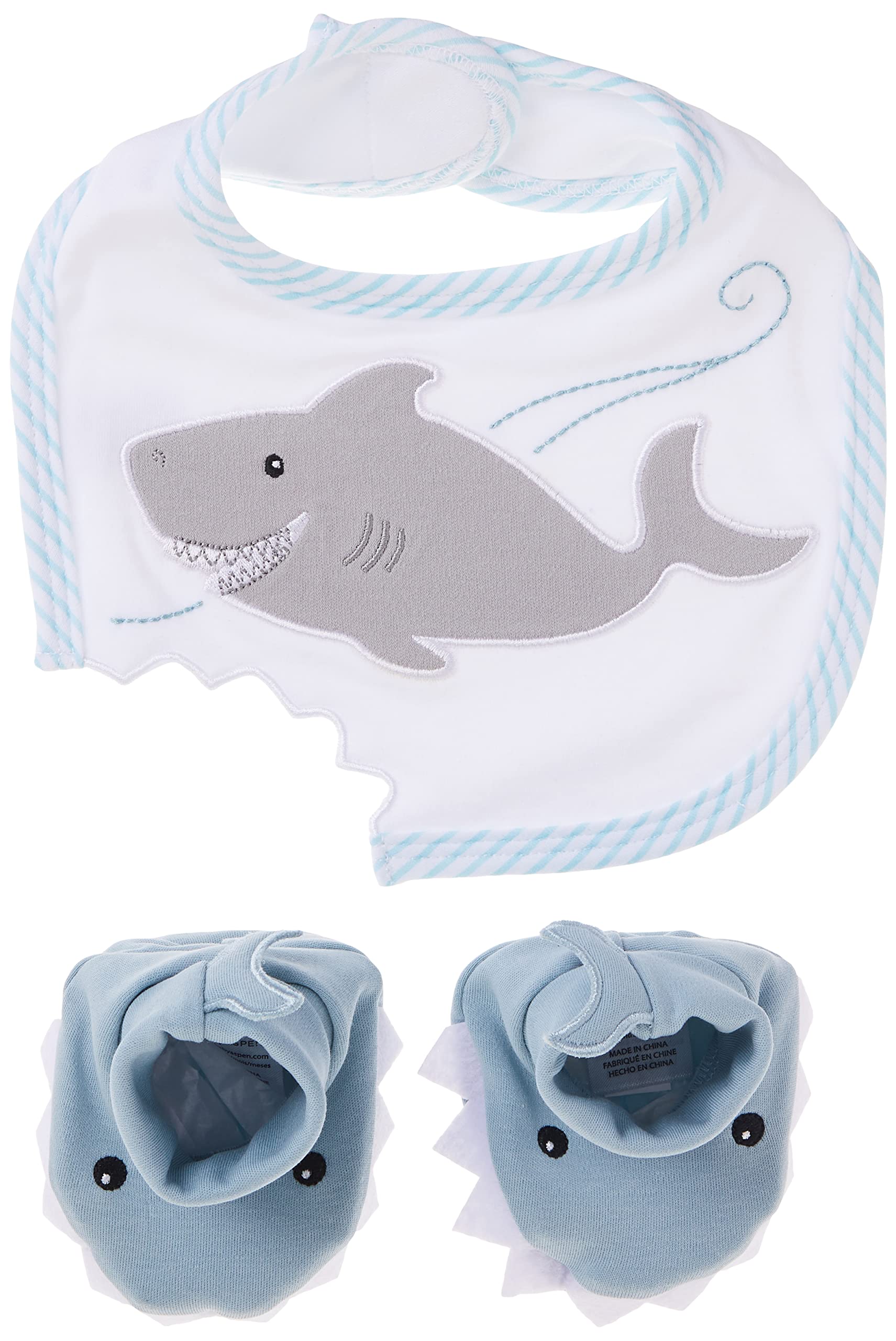 Baby Aspen Shark Bib close-up with applique and Velcro closure for adorable outfits