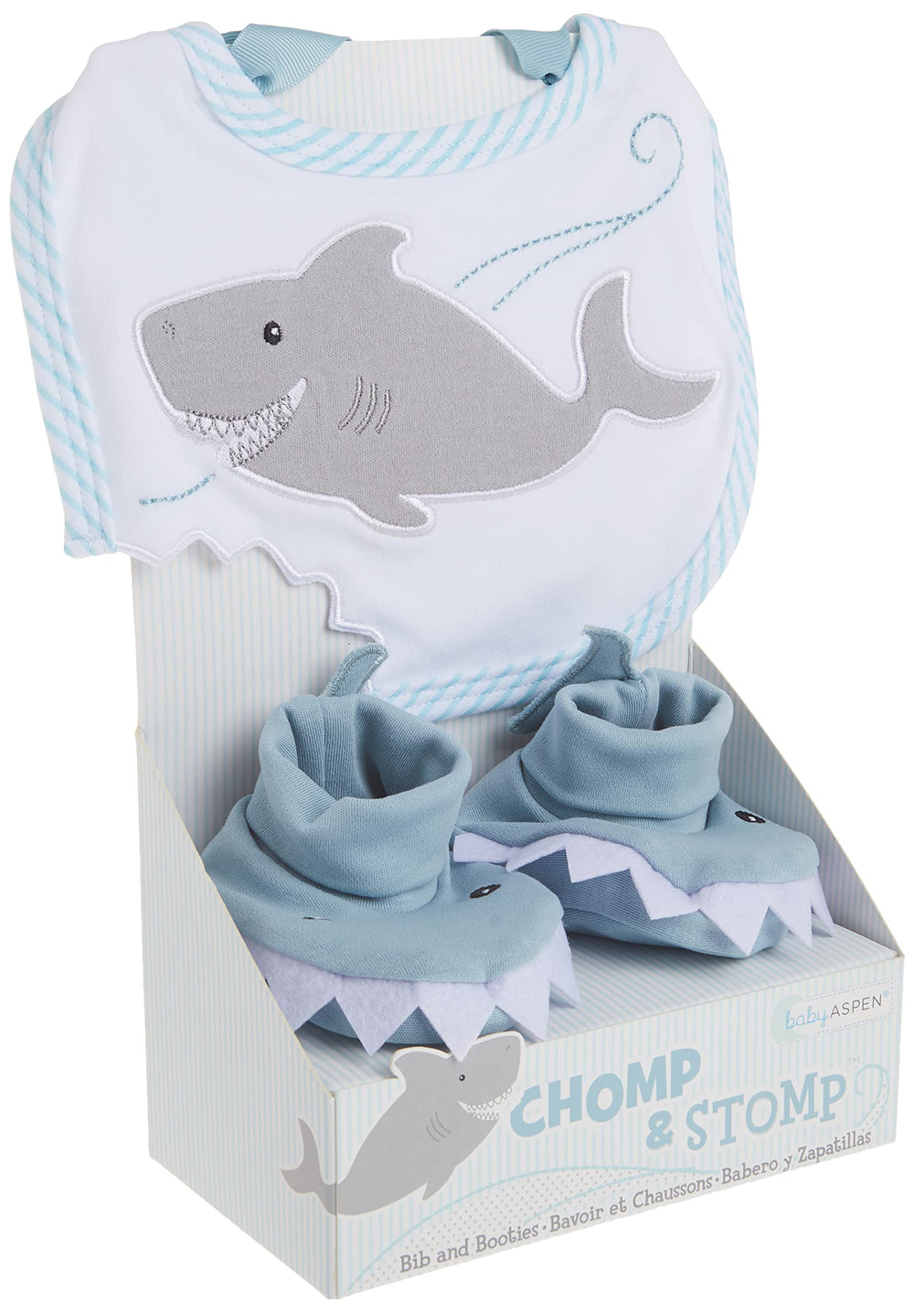 Shark-themed Bib shows Velcro closure and playful design by Baby Aspen