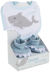 Shark-themed Bib shows Velcro closure and playful design by Baby Aspen