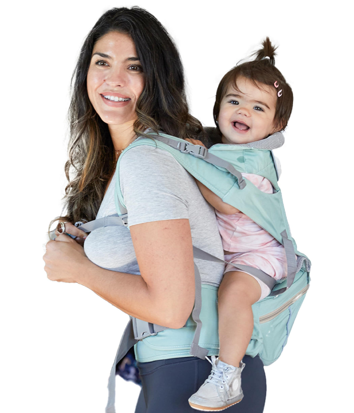 Baby Bells Ring front-position carrier provides ergonomic support during daily outings.