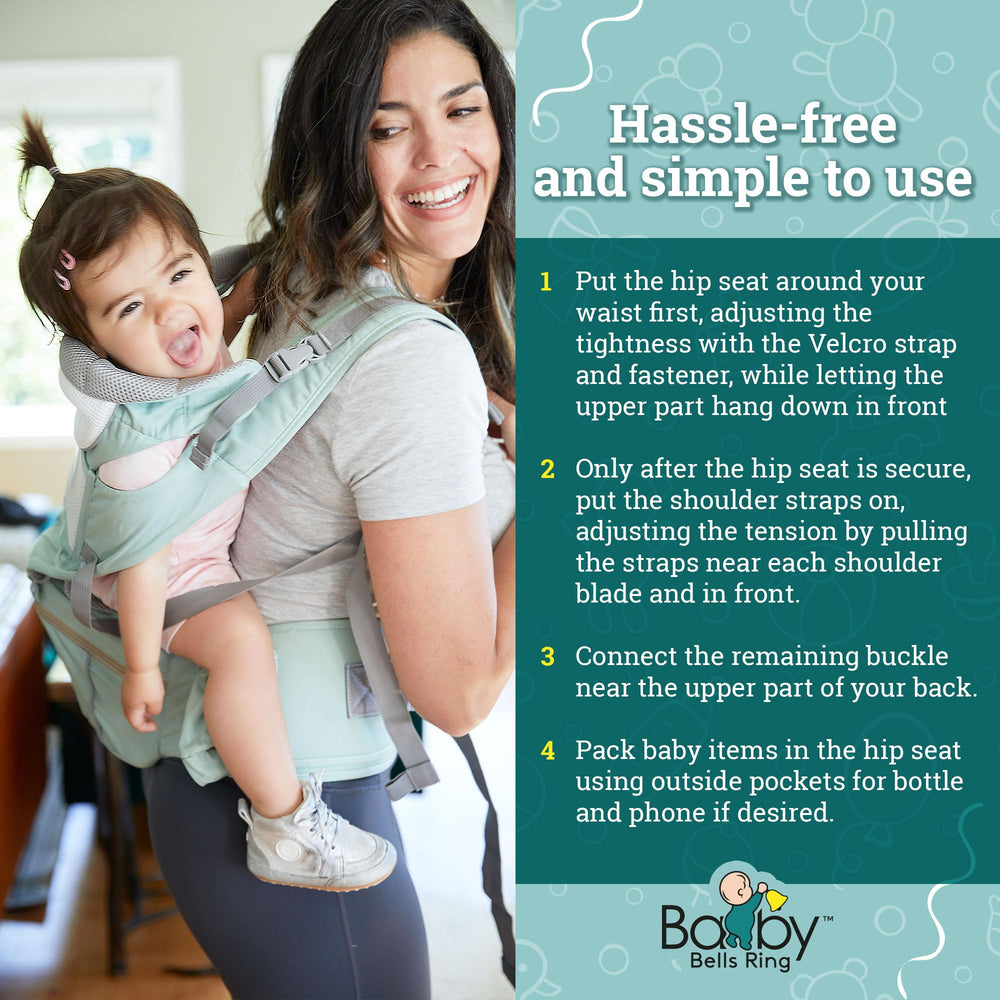 Baby Bells Ring front-and-back carry options for versatile errands.