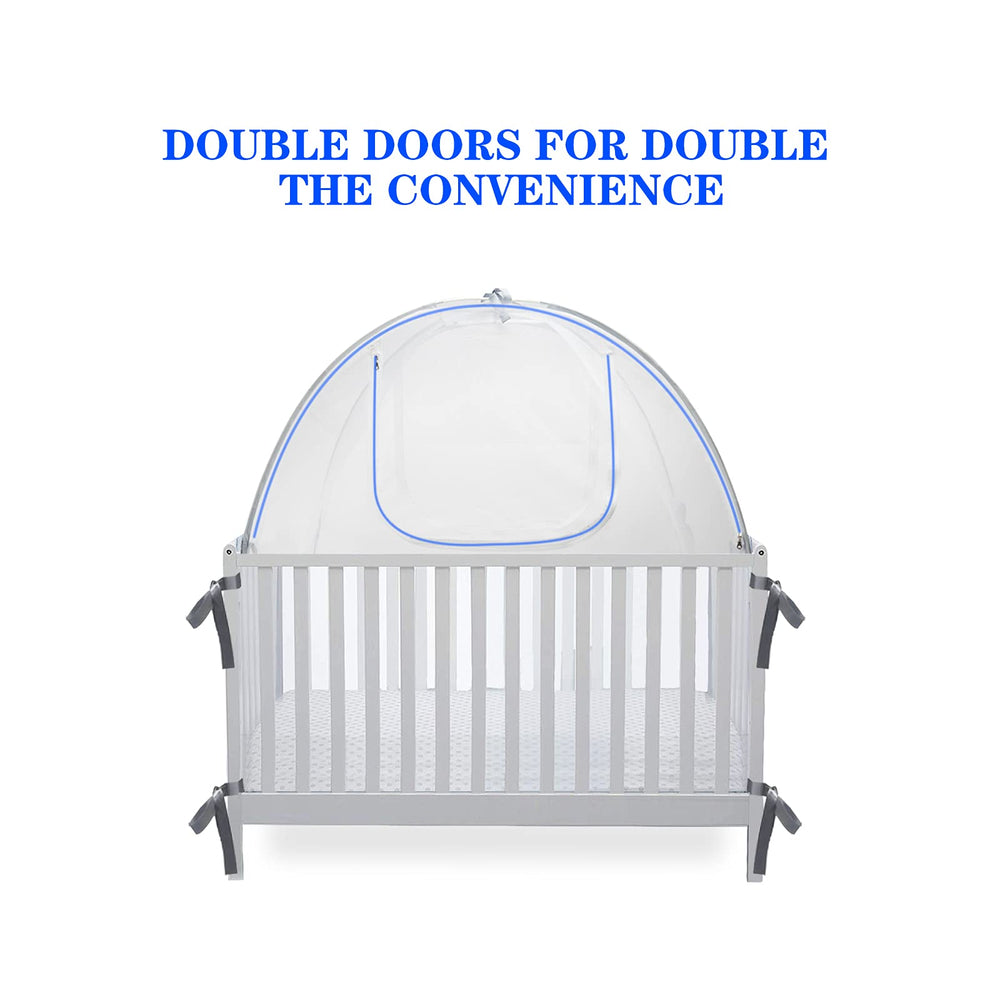 Baby & Beyond bottom-under-mattress design keeps the tent secure under the mattress.