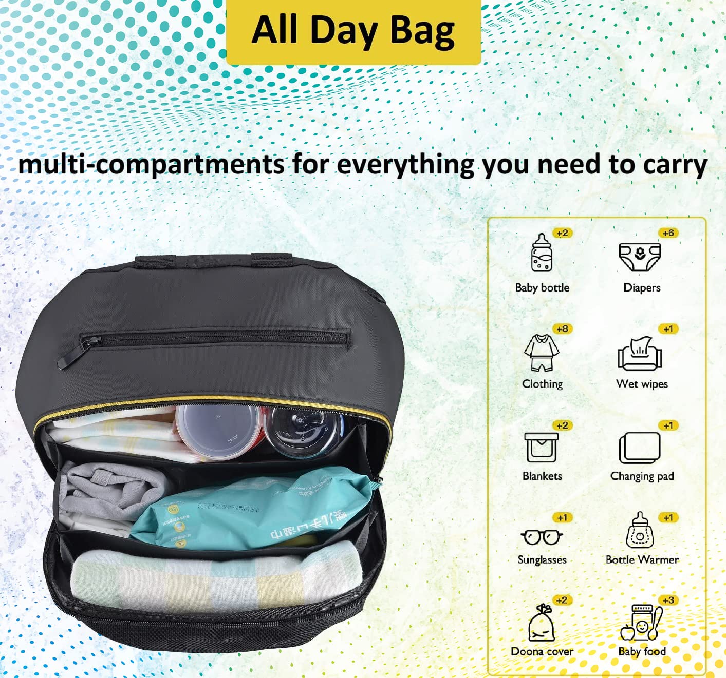 Baby & Beyond clip-on bag with back hooks for quick on/off.