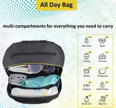 Baby & Beyond clip-on bag with back hooks for quick on/off.