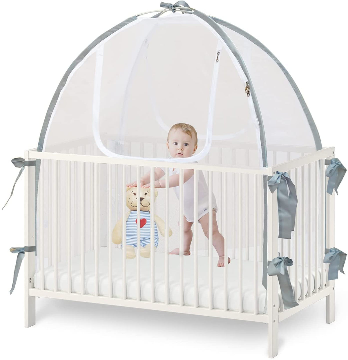 Baby & Beyond crib tent assembly with rods provides sturdy setup.