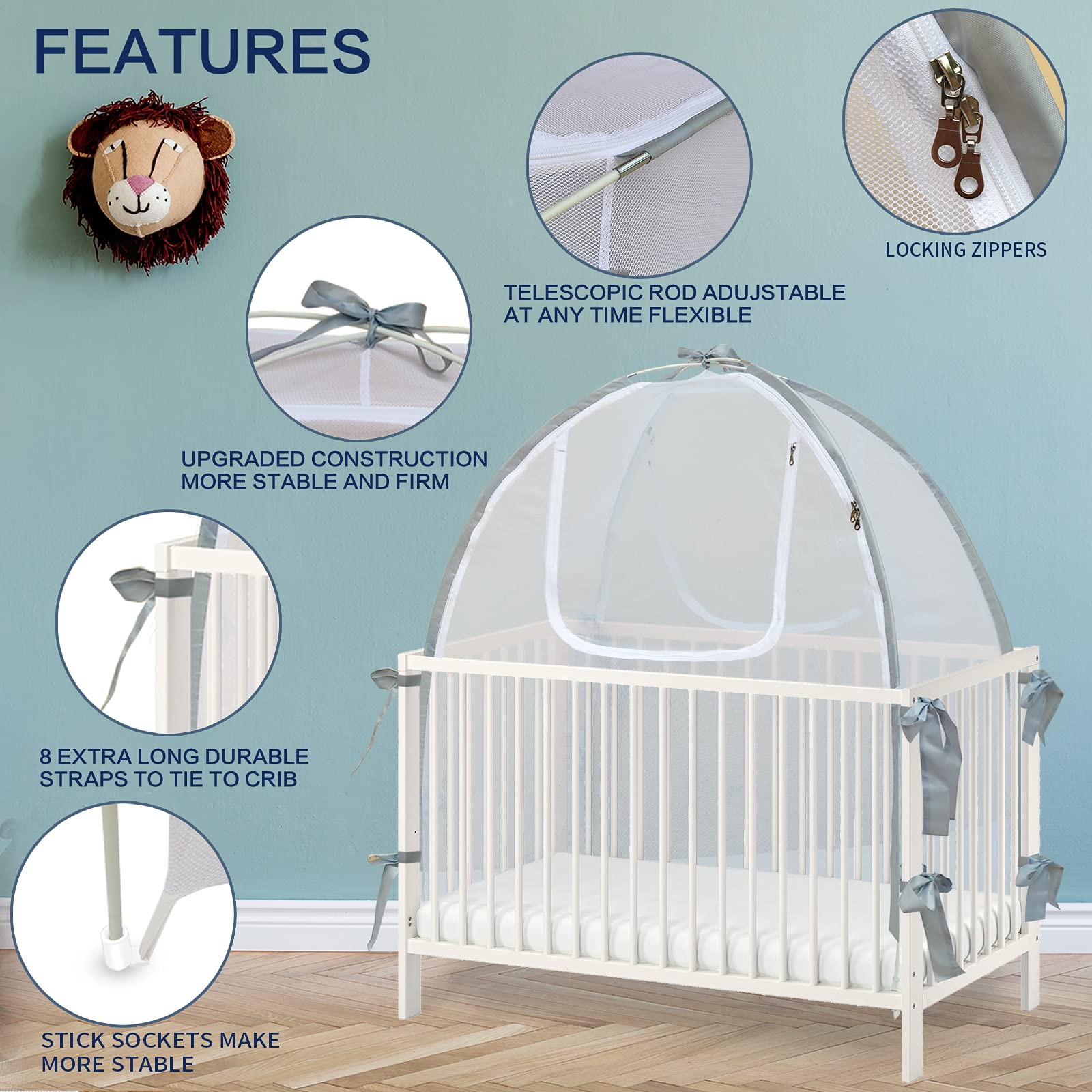 Baby & Beyond crib tent with dual zipper doors for easy access.
