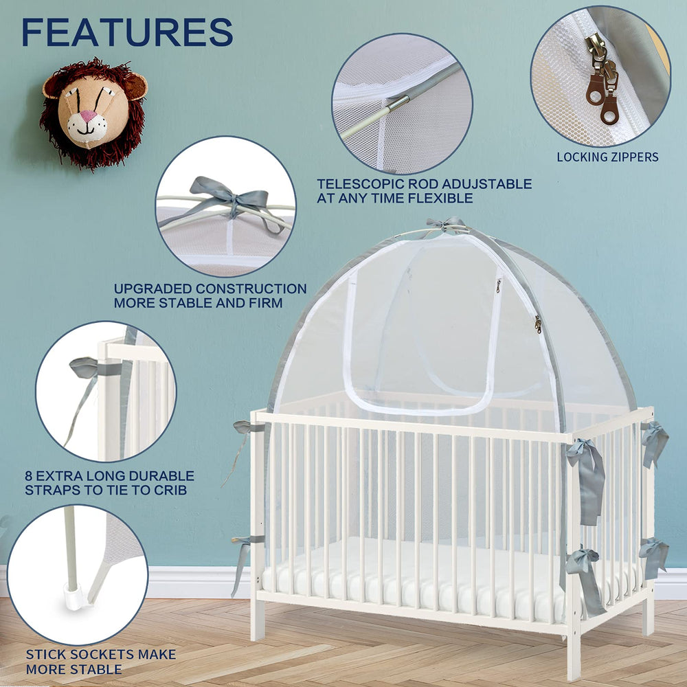 Baby & Beyond crib tent with dual zipper doors for easy access.