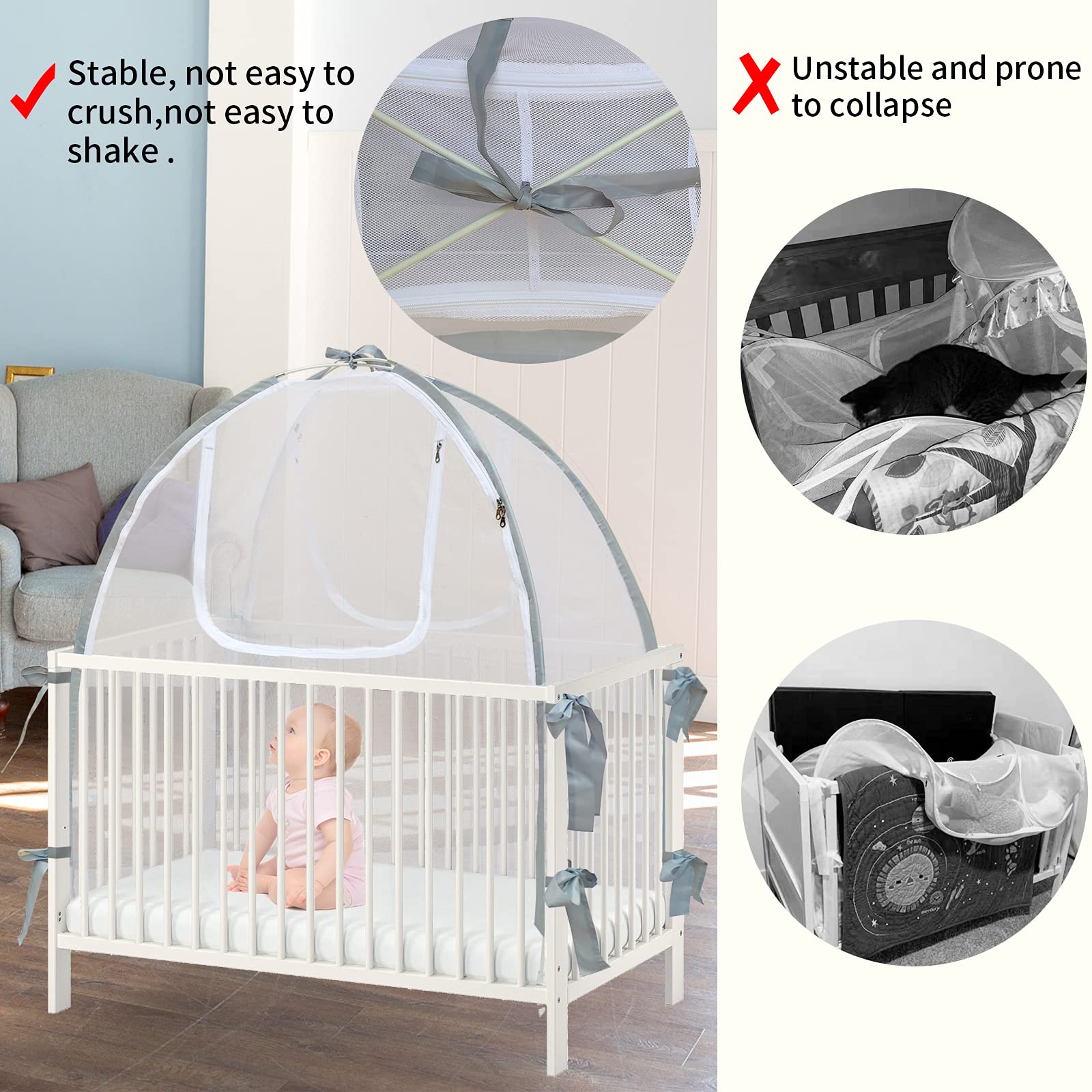 Baby & Beyond full-coverage crib tent safeguards the sleeping area.