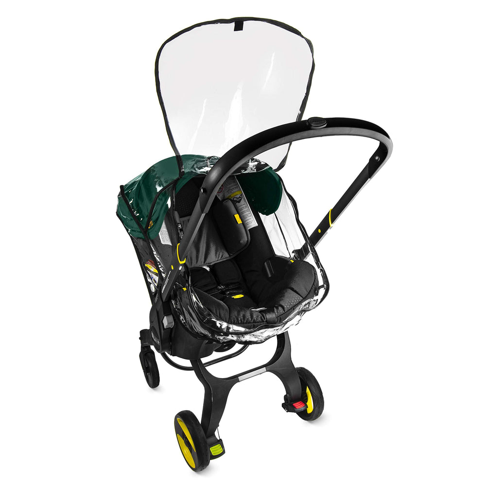 Transparent Doona rain cover for clear visibility.