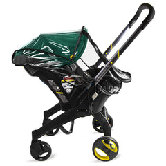 Rain cover with wide zipper opening for quick access to baby.