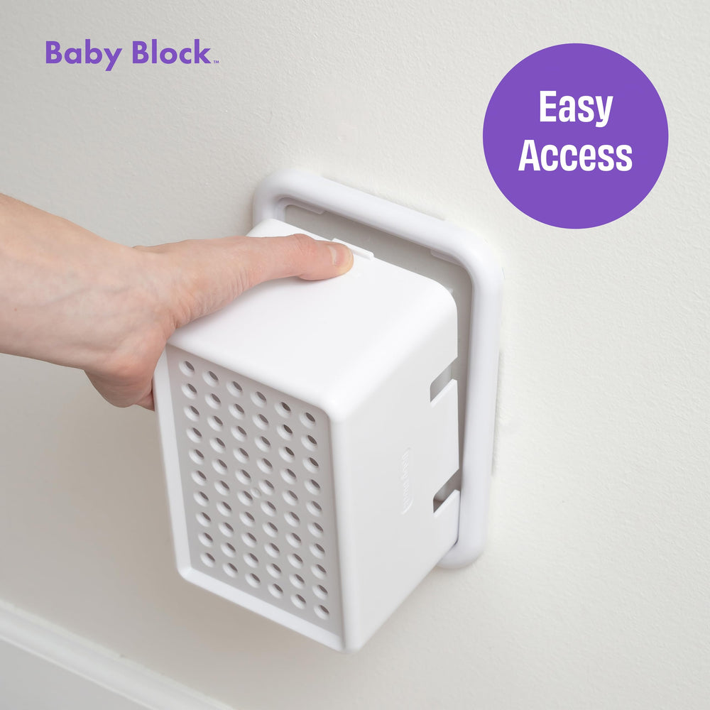 Baby Block oversized outlet cover box for big chargers prevents tampering and keeps clutter tidy.