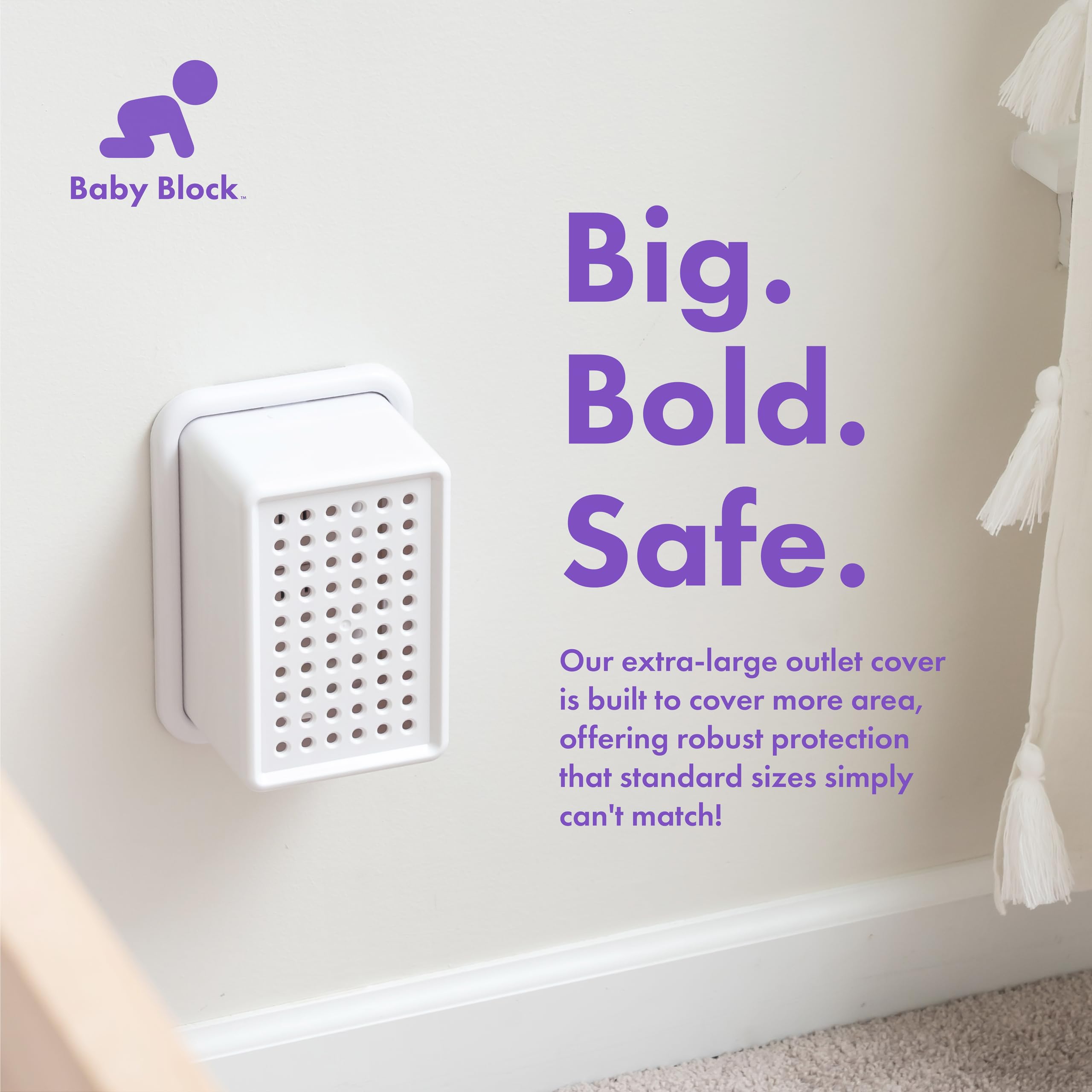 Baby Block oversized outlet cover box for deep switches keeps baby-safe without blocking power access.