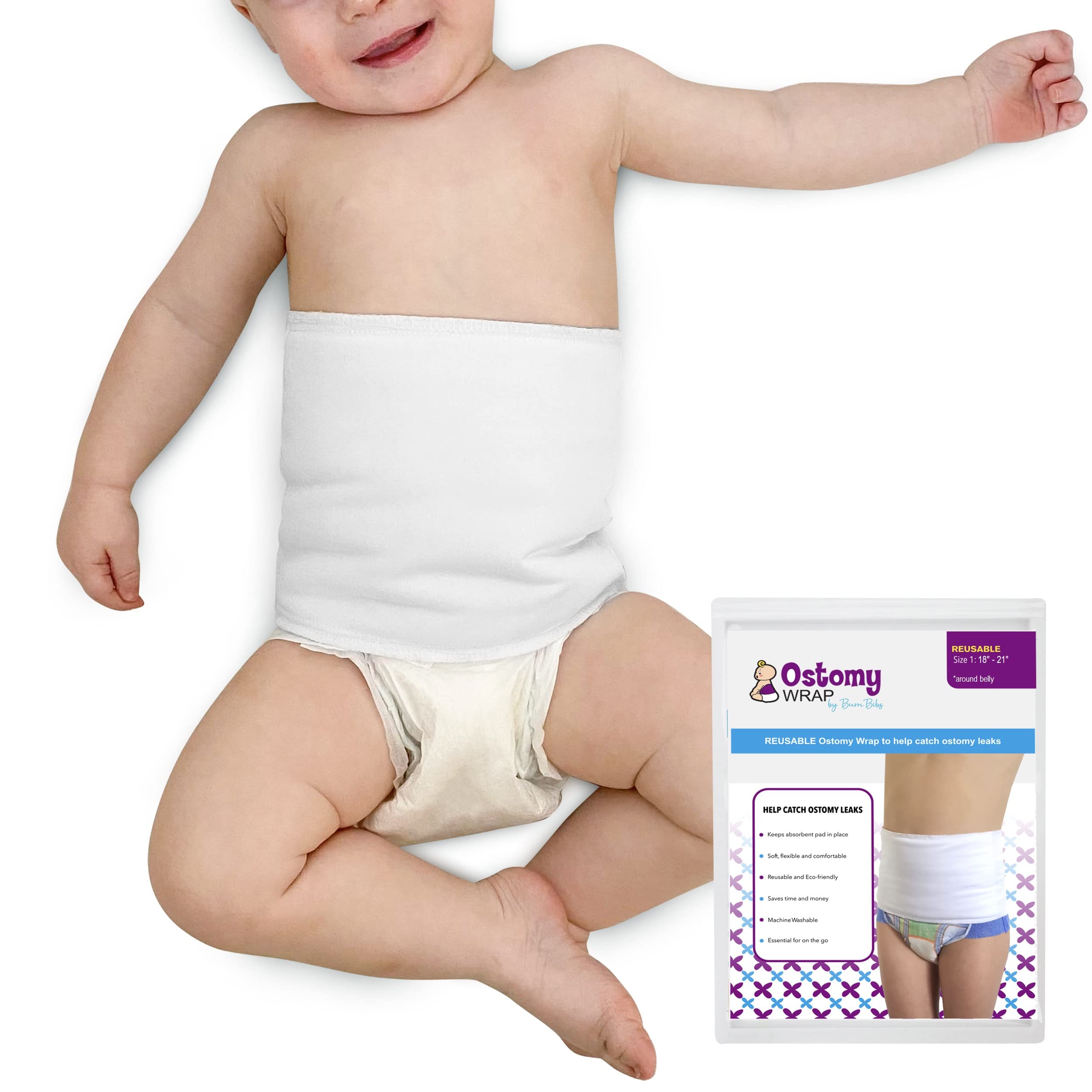 Baby Blowout Blocker ostomy wrap in white secures the pad at the belly for leaks protection.