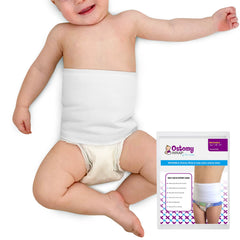 Baby Blowout Blocker ostomy wrap in white secures the pad at the belly for leaks protection.