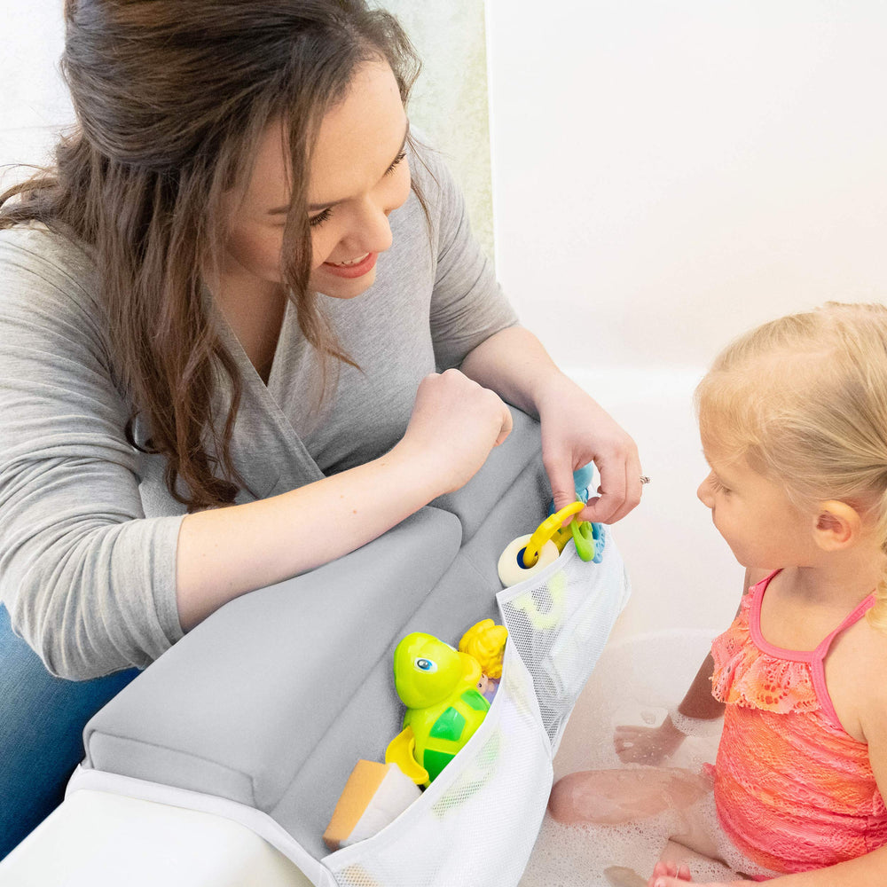 BABY BOOTH bath set on tub edge shows non-slip stability.
