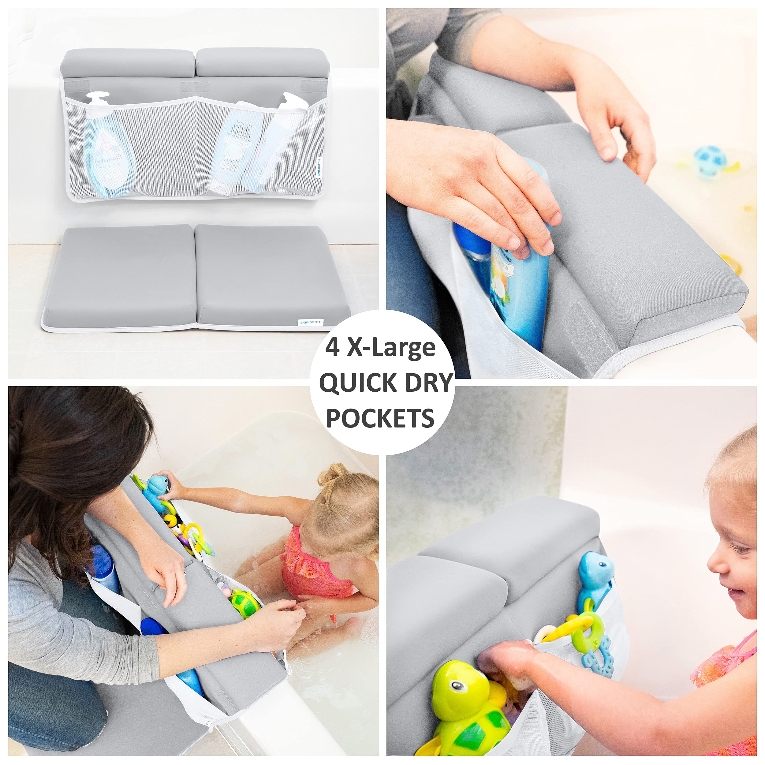 BABY BOOTH storage bag keeps bath toys organized within reach.