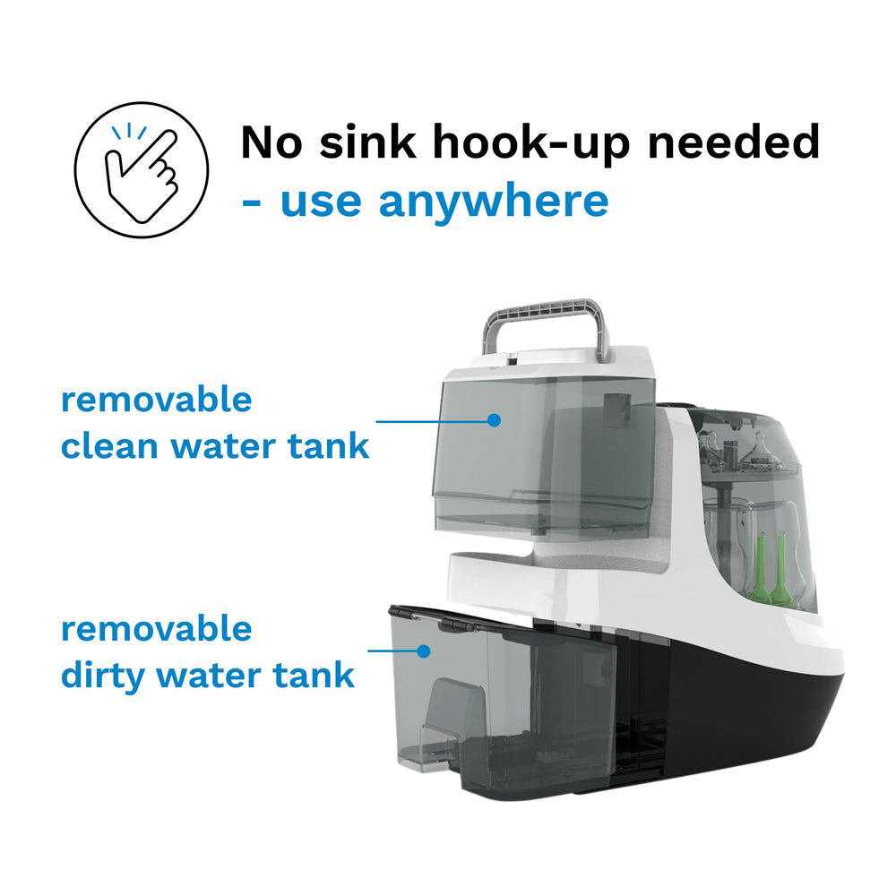 Baby Brezza Bottle Washer Pro removable water tanks enable easy portable use