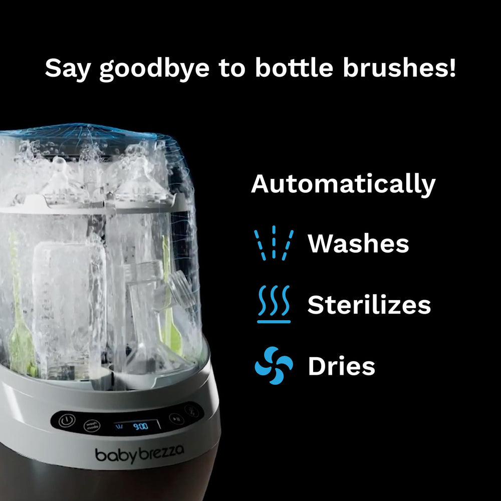 Baby Brezza Bottle Washer Pro steam sterilization demonstrates germ-free prep for bottles and parts