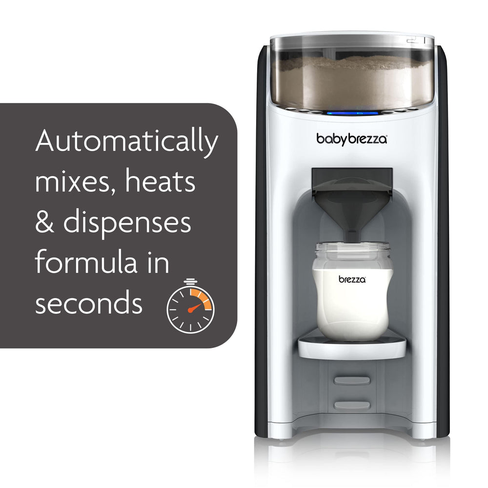 Baby Brezza Formula Pro Advanced bottle-dispensing view shows precise formula mixing