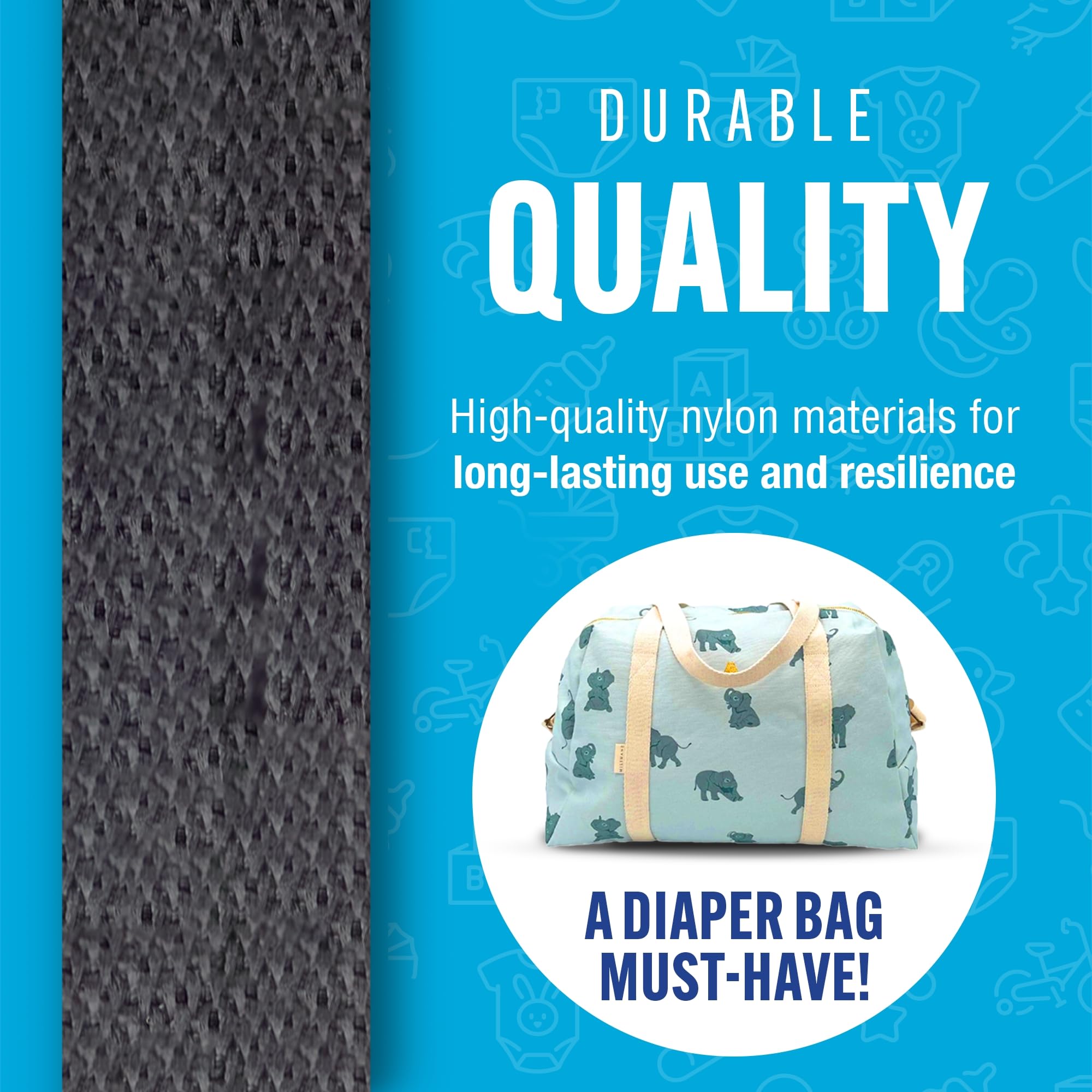 Baby Buddy Secure-A-Toy travel-friendly strap fits a diaper bag securely.