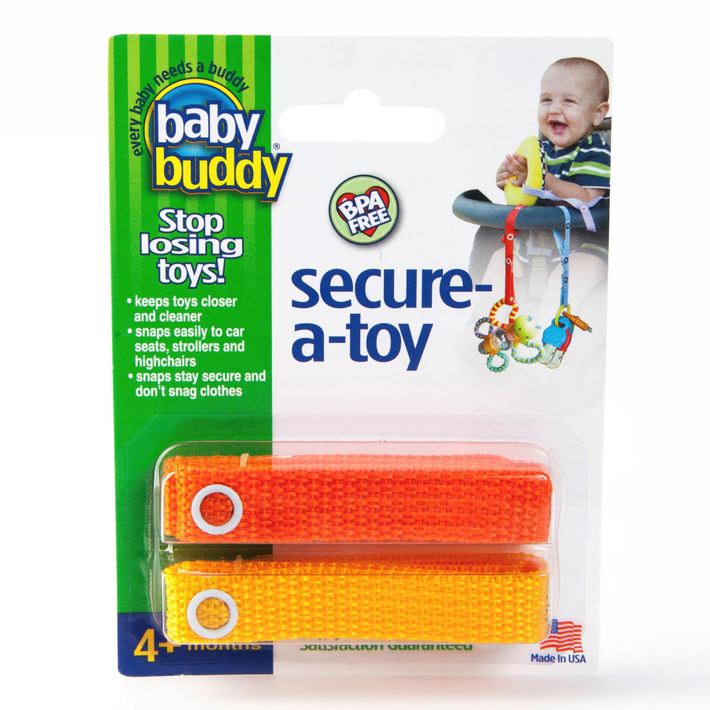 Baby Buddy Secure-A-Toy attached to a stroller keeps teether within reach