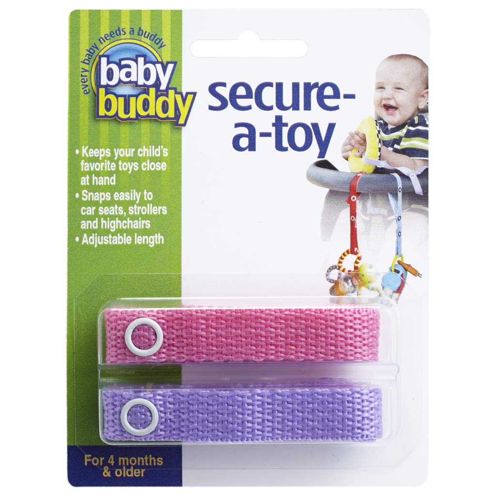 Baby Buddy Secure-A-Toy on a stroller teether keeps toys clean and reachable.