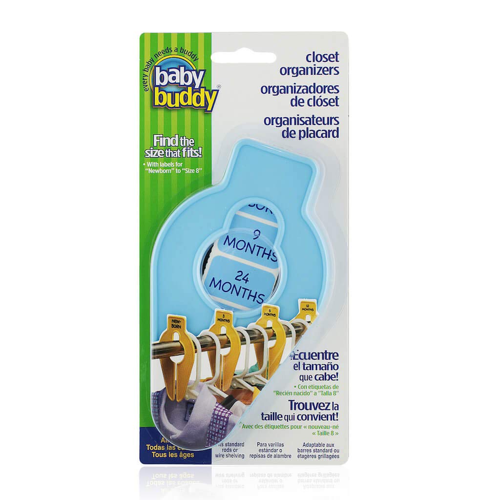 Baby Buddy Size-It closet organizers in blue on a rod for quick wardrobe sorting
