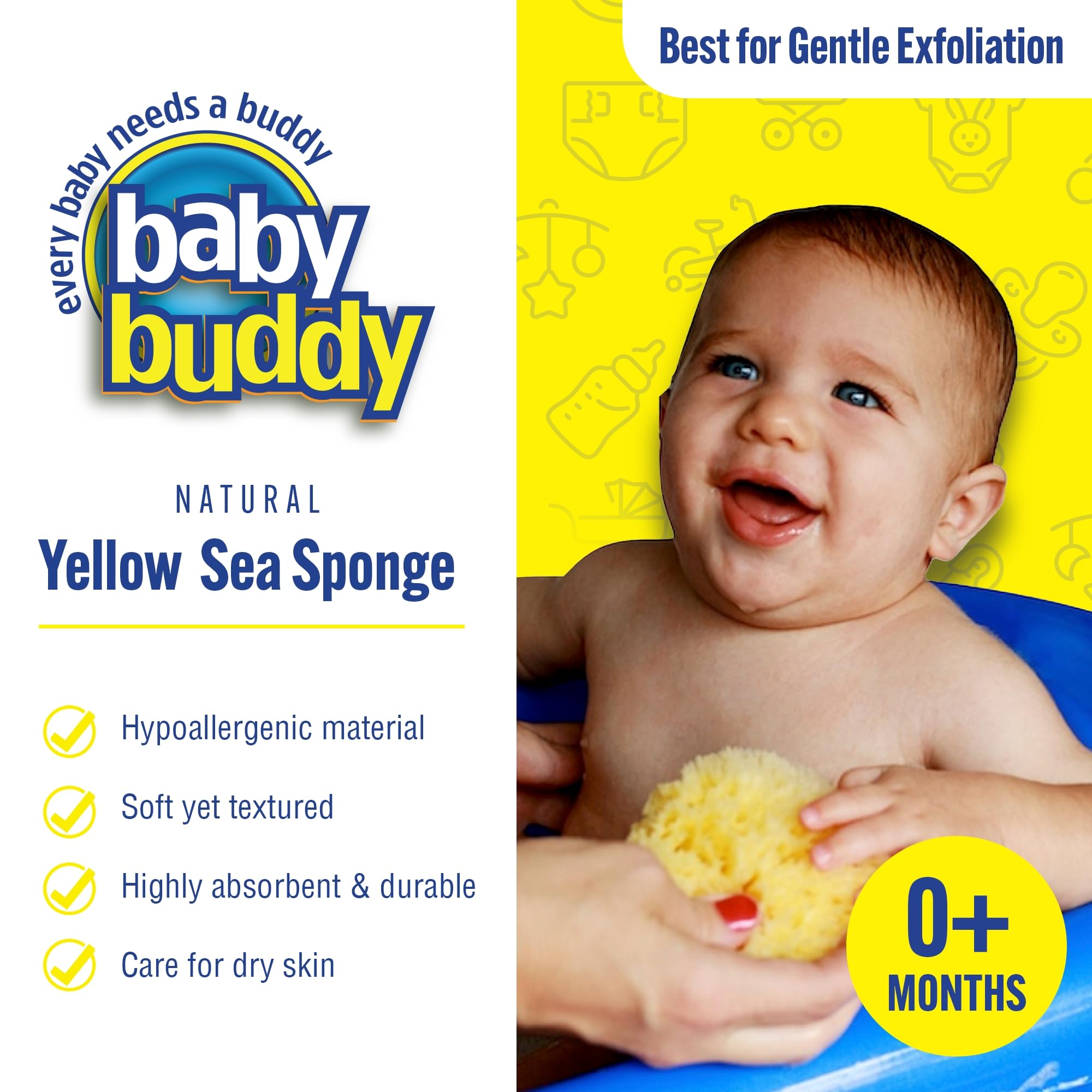 Baby Buddy yellow sea sponge with soft texture for a rich lather.
