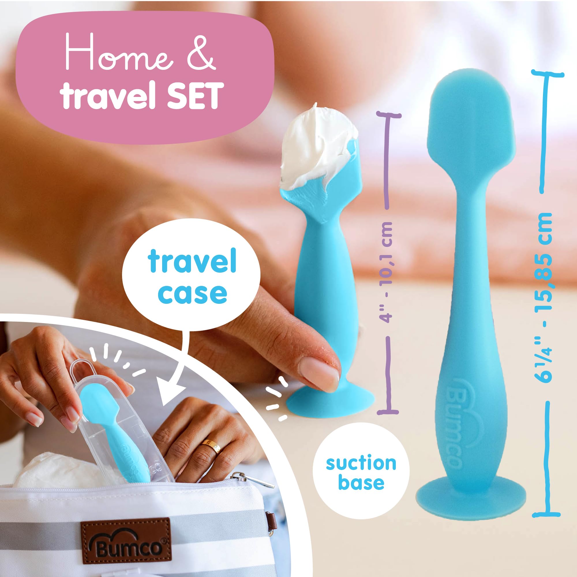 Baby Bum Brush suction base keeps spatula upright during changes.