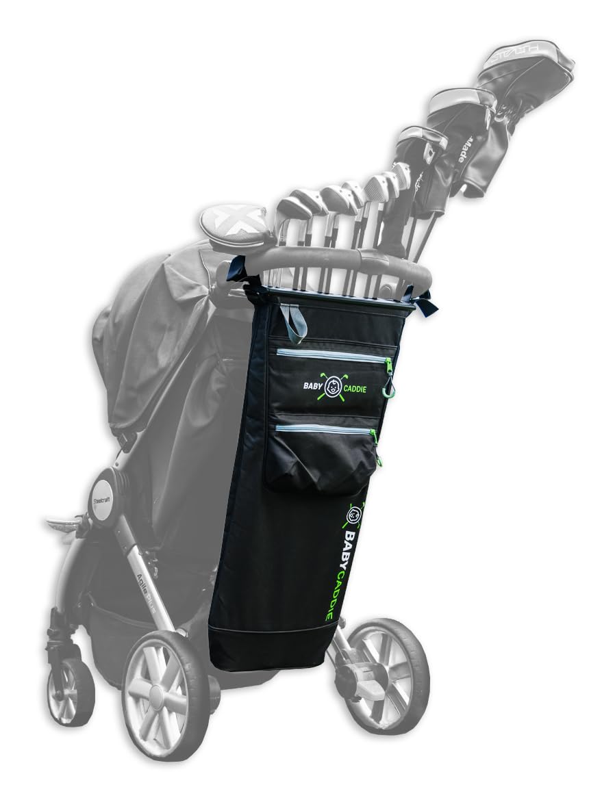 Baby Caddie golf bag attached to stroller for easy, on-the-go club access.