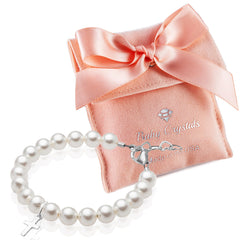 Baby Crystals sterling silver cross bracelet with pearls, ideal baptism keepsake for baby girl.