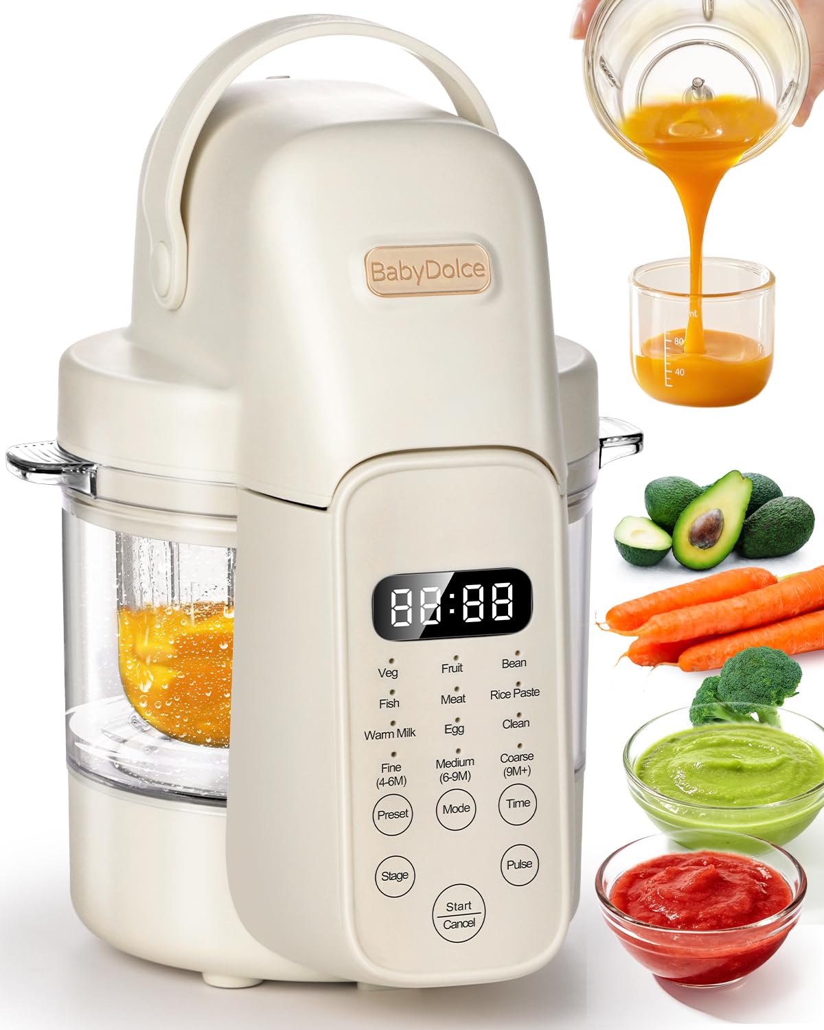 Baby Dolce 9-in-1 baby food maker front view highlighting all-in-one convenience for busy families